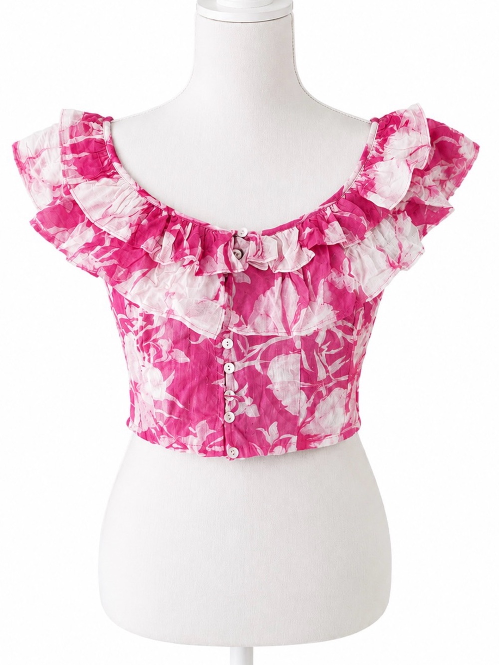 Cynthia Rowley Pink Floral Off Shoulder Ruffle Crop Top Boho Cottagecore M NWT - Picture 5 of 7